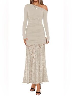 Jessica One-Shoulder Ruched Bodice Lace Maxi Dress in Cream